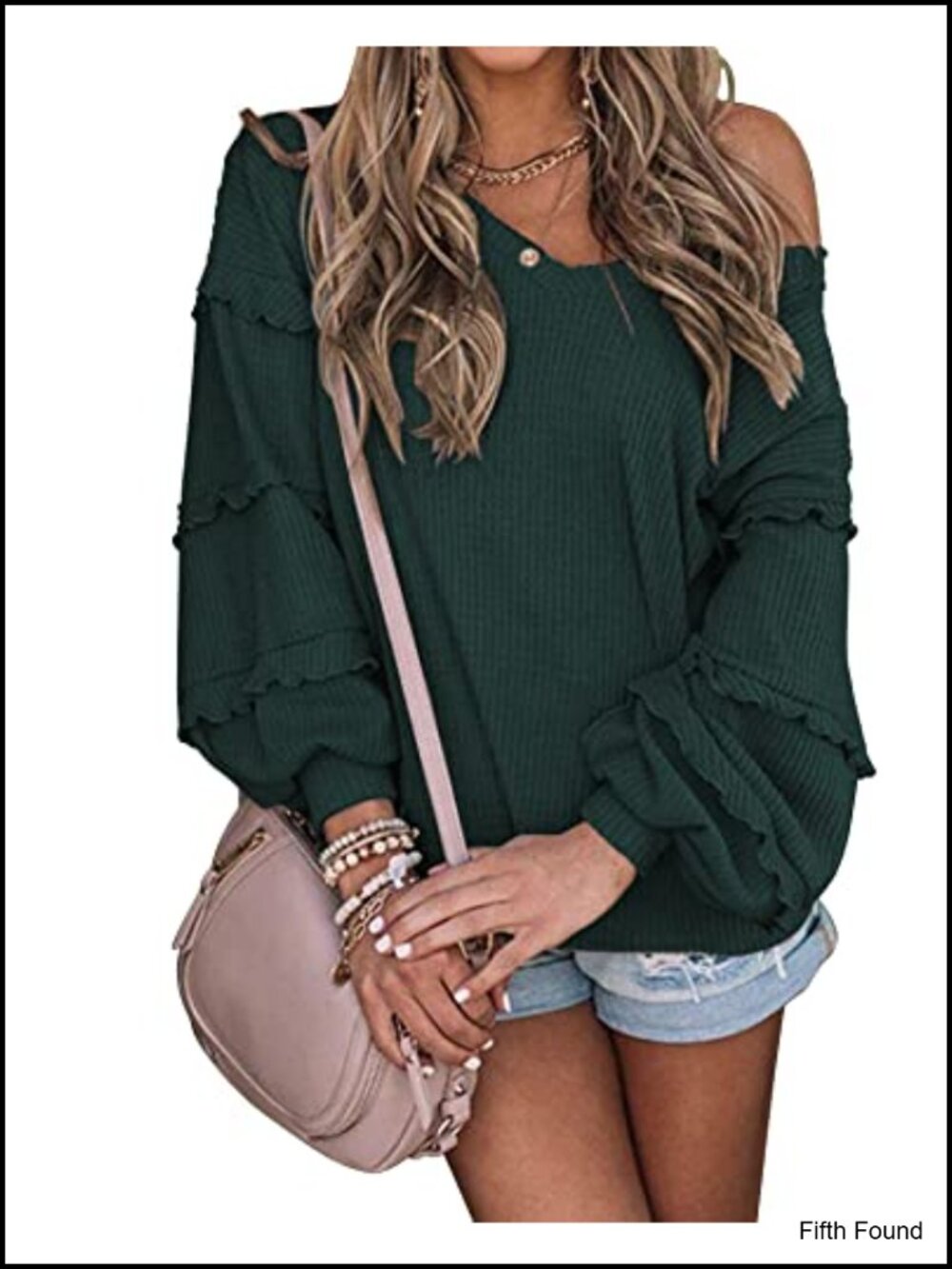 Waffle Knit Tunic Top Long Sleeve V Neck Ruffled Casual Blouse
